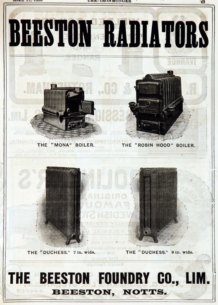 Beeston Radiators full-page advert from The Ironmonger, 1903, showing the Robin Hood boiler and two Duchess cast iron radiators