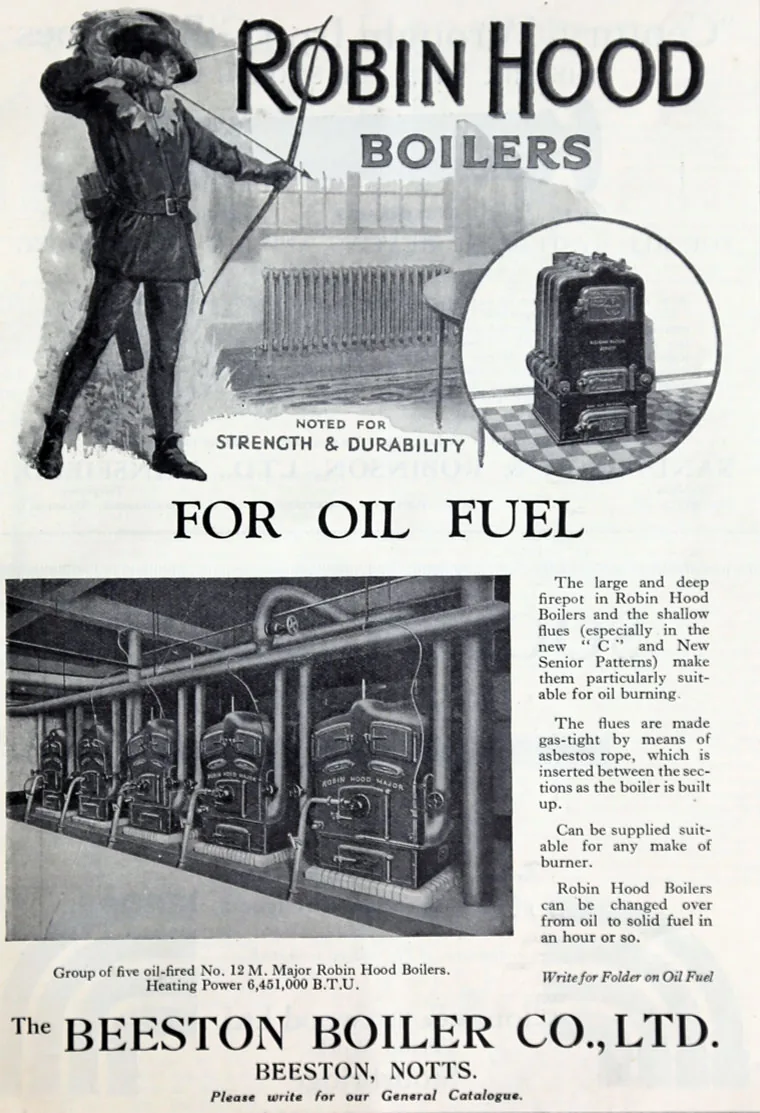 Beeston Robin Hood boilers advert with the Robin Hood archer illustration and a cast iron radiator