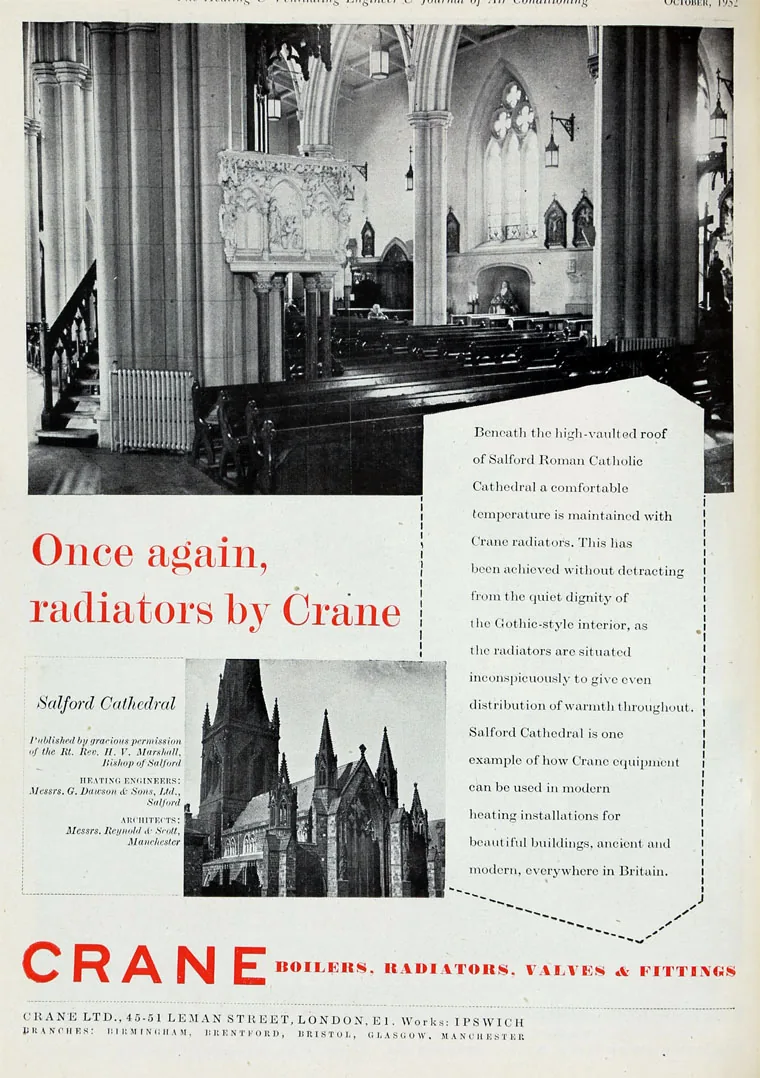 Crane Ltd advert from 1952 showing Crane cast iron radiators heating Salford Cathedral