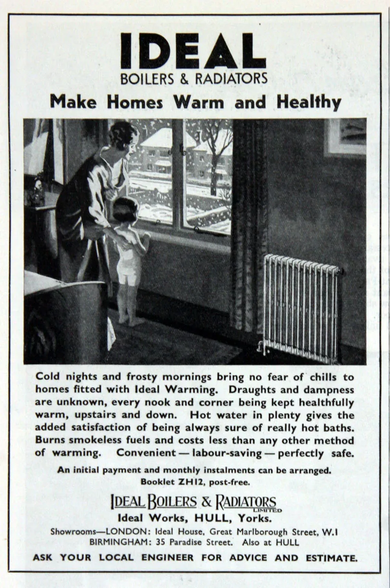 Ideal Boilers and Radiators advert from 1934 with the slogan Make Homes Warm and Healthy, showing a white cast iron column radiator beneath a winter window