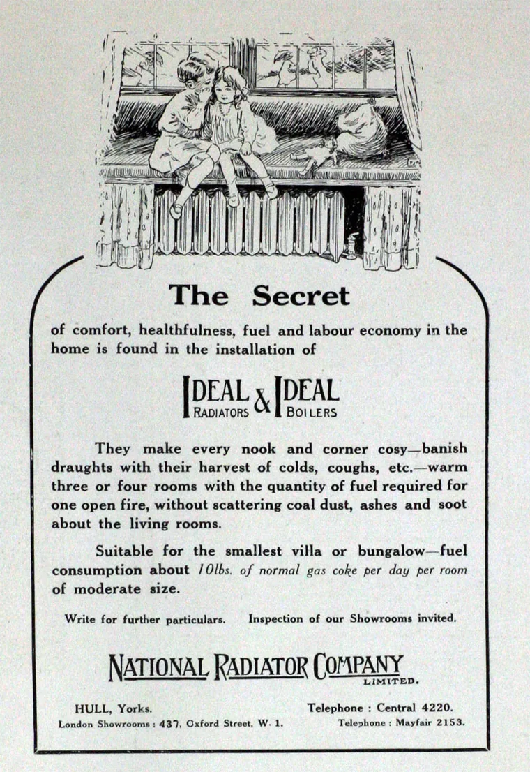 National Radiator Company advert from 1921 titled The Secret, advertising Ideal radiators and Ideal boilers, with children above a cast iron column radiator