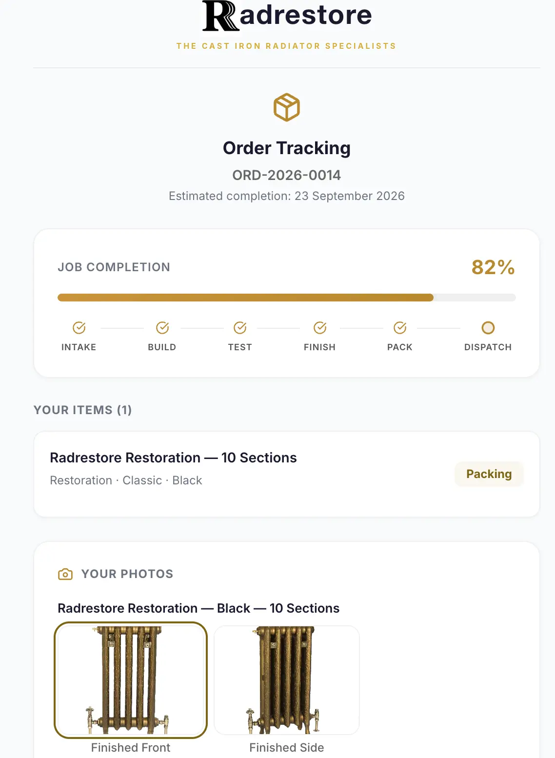 Radrestore online order tracking page with a live job-completion bar at 82%, workshop stations from intake to dispatch, and the order's radiator listed below